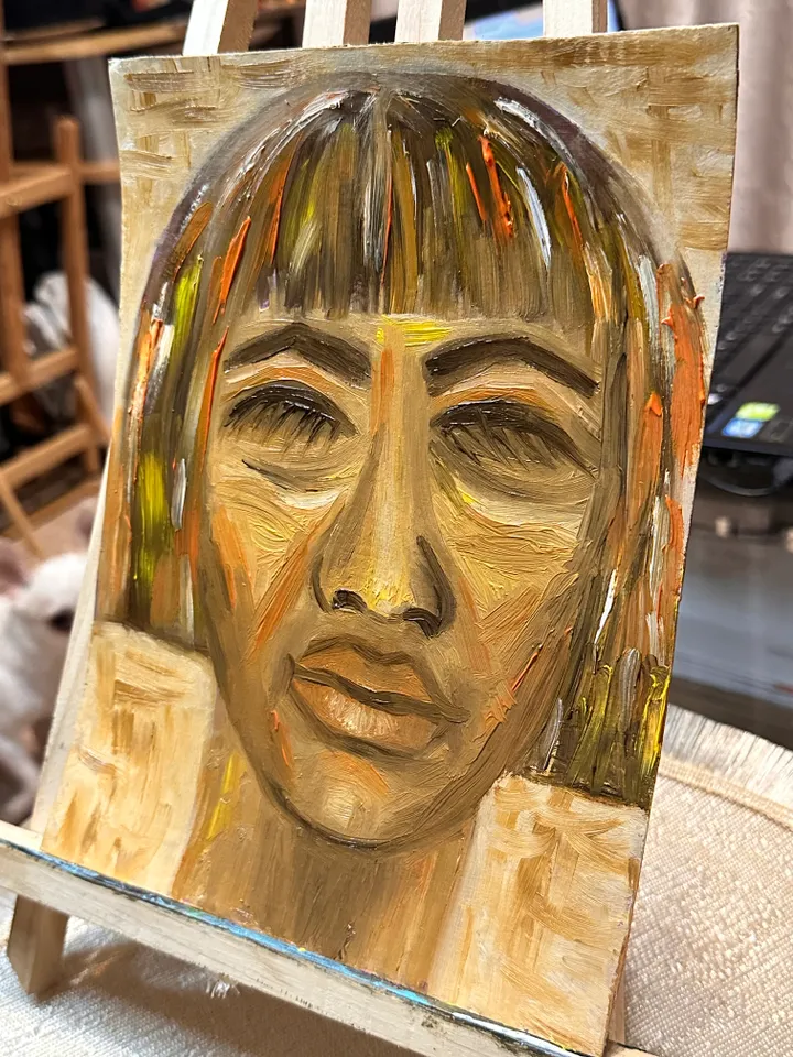Oil Painting Abstract Portrait of a Girl Female Art People Cardboard 9 x 7 inches 24 x 18 cm Miniature Modern Art Abstraction Unframed Wall Decor
