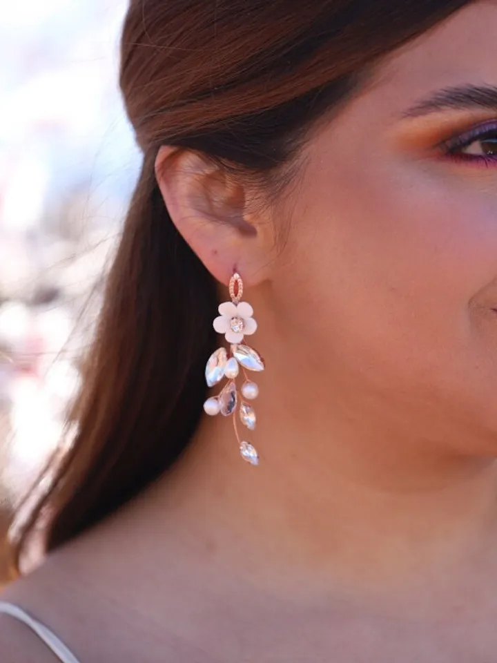 Rose Gold Delicate Porcelain Flower Wedding Earrings, Long Boho Wedding Earrings, Pearl Bridal Jewelry, Floral Chandelier Statement Earrings