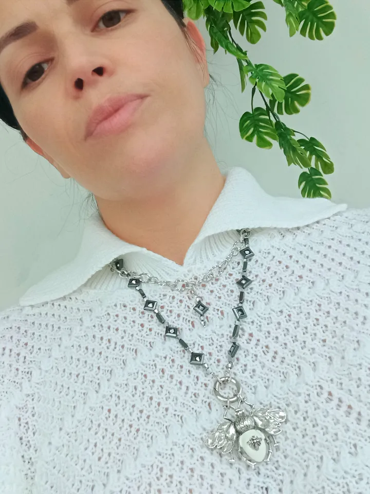 Handmade luxury bee necklace, silver bee pendant, statement bee jewelry, bee gift for her, long bee necklace