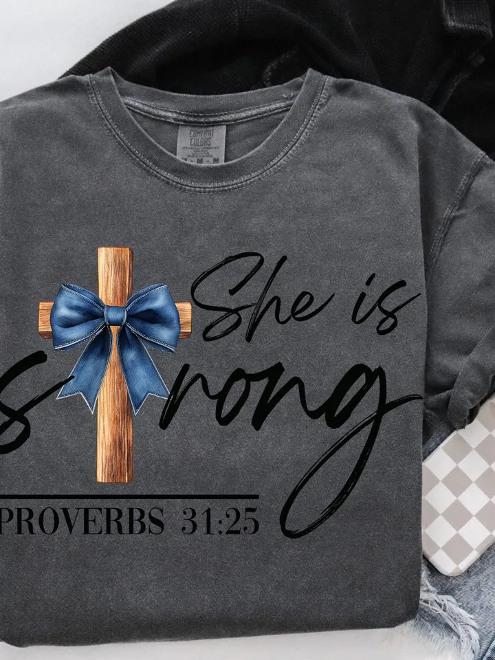 She is strong Proverbs 31:25 png,strong proverbs png,Christian png,Bible Verse png,God Jesus png,Religious png, Denim Coquettes Bow Png