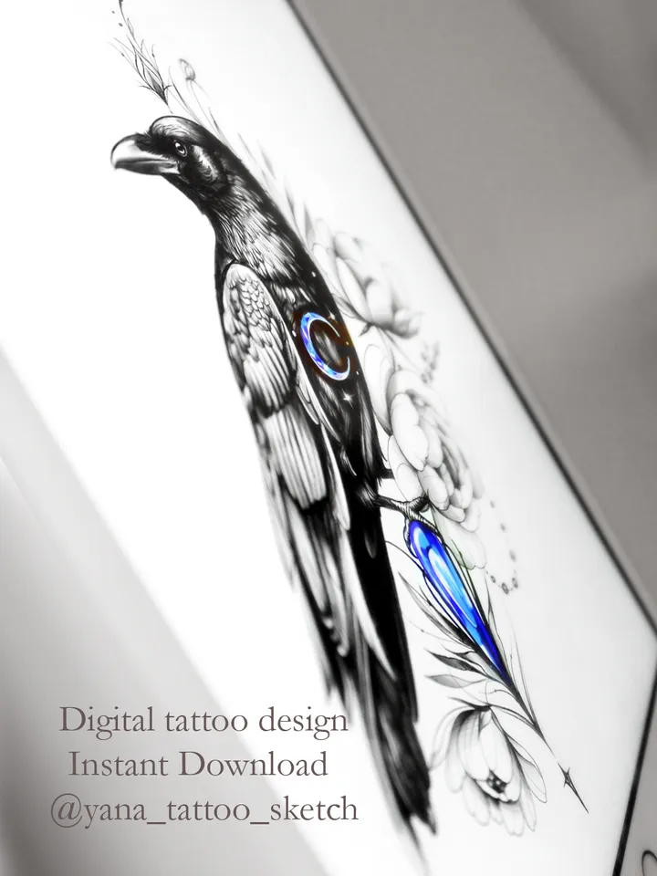 Crow Tattoo Design Crow Tattoo Stencil Idea Sketch, Instant download PDF, JPG
