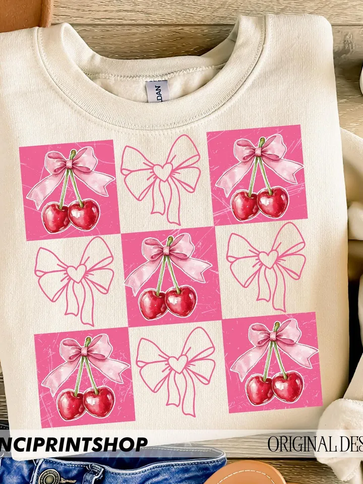 Checkered Cherry coquette png, Cherry Png, Trendy Valentines png, Pink Bow png, pink valentine coquette png, valentine png, retro valentine