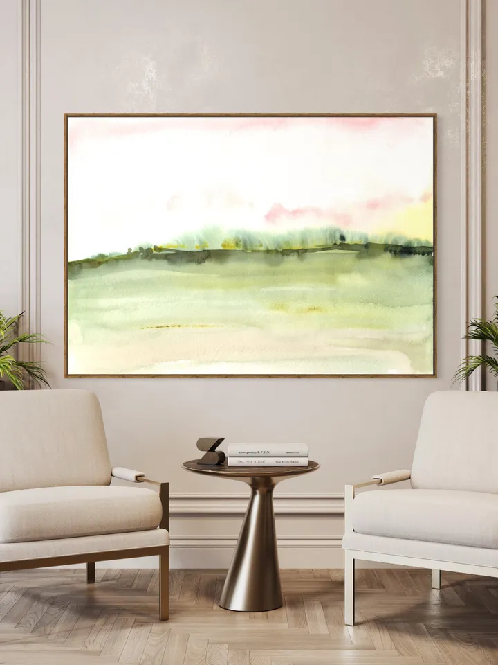 Pink Green Landscape Watercolor Painting,Neutral Maximalist Pink Art,Horizontal Art, Minimalist Landscape Wall Art, Pink Wall Decor