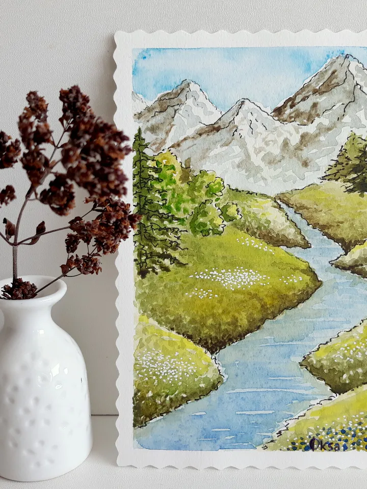 Mountain River Watercolor Art Painting/Mountain Original Painting/Art atmosphere/Europe mountain river landscape/White framed small painting