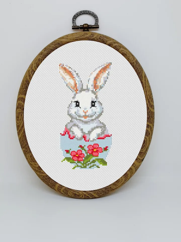 Happy Easter cross stitch pattern pdf, Banny embroidery DIY Easter floral design