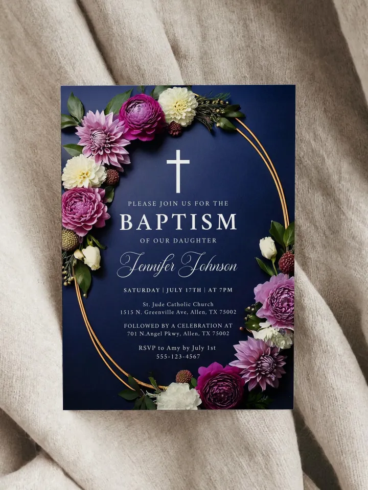 Elegant Floral Baptism Invitation Template – Editable Christening Invite for Boys & Girls, Printable Digital Download
