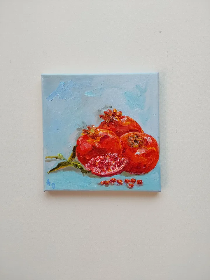"Still life. Pomegranate" oil painting on canvas 20x20 cm (8x8 inches)