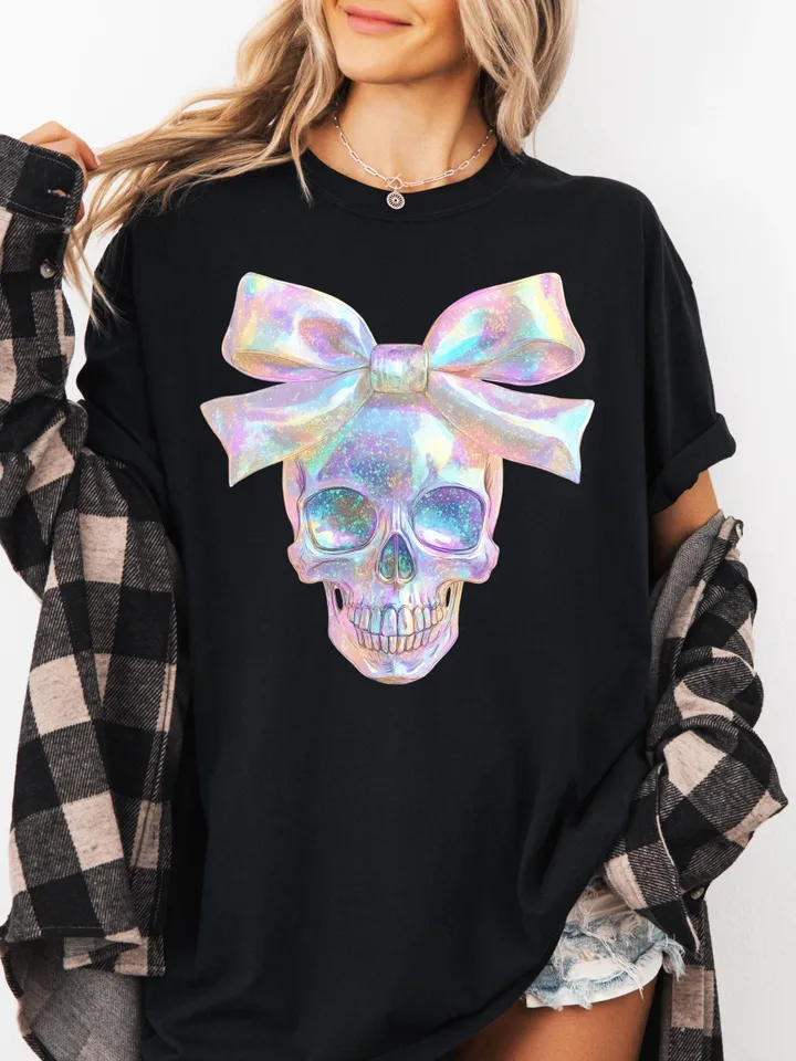 Iridescent Skull PNG, Coquette Halloween Design, Iridescent Ghost Skull Design, Halloween PNG, Girly Halloween Png, Cute Gothic Png