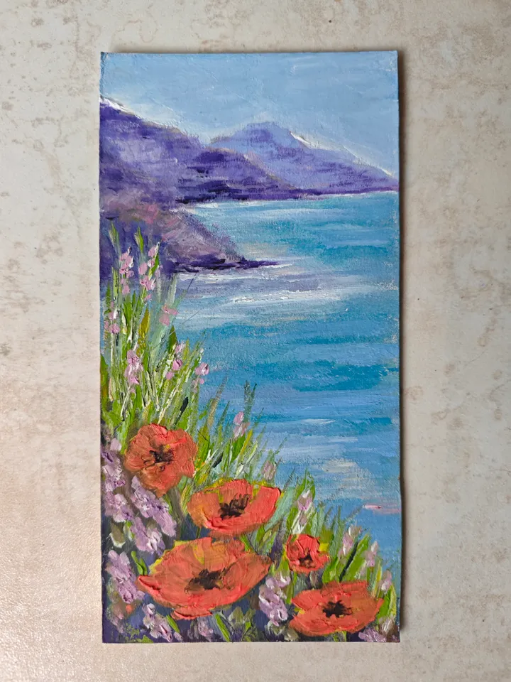 Seascape Original Painting Sea Mountains Original Art Seascape Red Flowers Wall Artwork Seacoast Painting Seaside Red Flowers Mountains Decor 4x8 inches by OlgaSokolovaArt