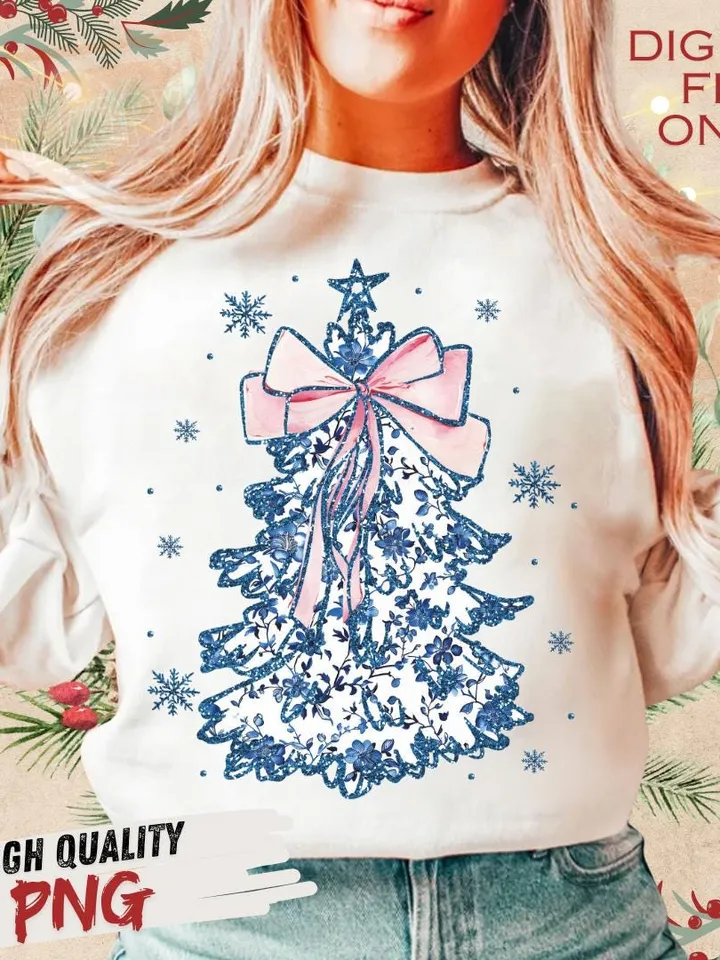 Coquette Glitter Chinoiserie Christmas Tree Png, Coquette Blue Christmas Png, Christmas Toile Png, Blue Floral Bow, Preppy Christmas Png