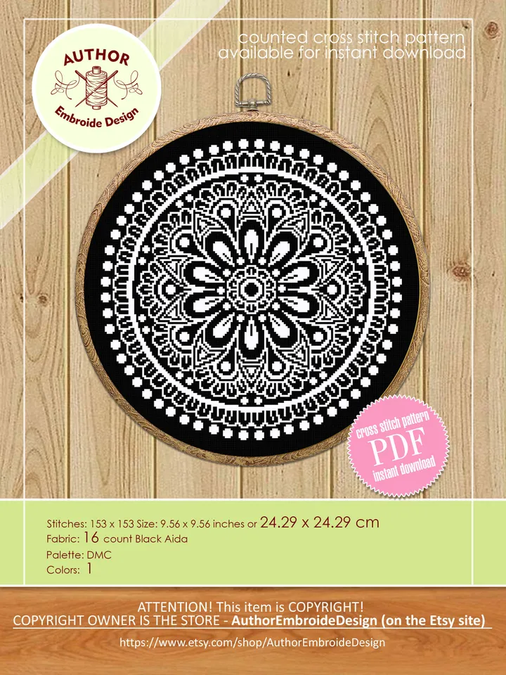 Flower mandala cross stitch pattern download PDF Simple mandala digital Easy monochrome cross stitch circle Modern cross stitch chart #M157