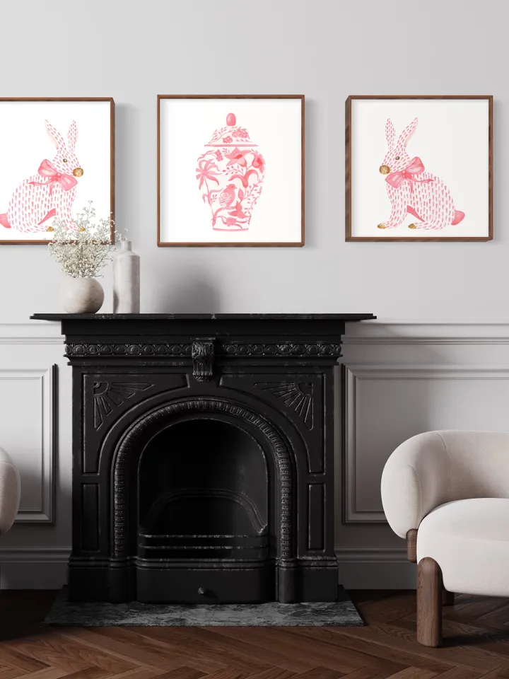Pink Chinoiserie Set of 3 Art Prints, Watercolor Painting, Asian Vase Art, Rabbit Painting, Pink Bow Art, Ginger Jar, Chinoiserie Set Print
