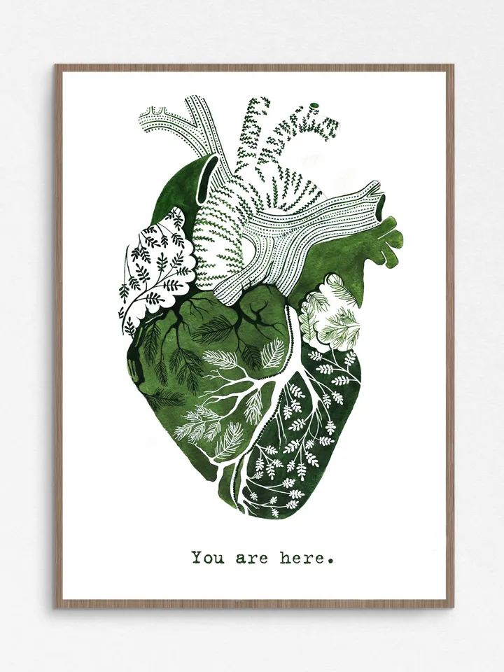 Watercolor print YOU ARE HERE, green heart illustration