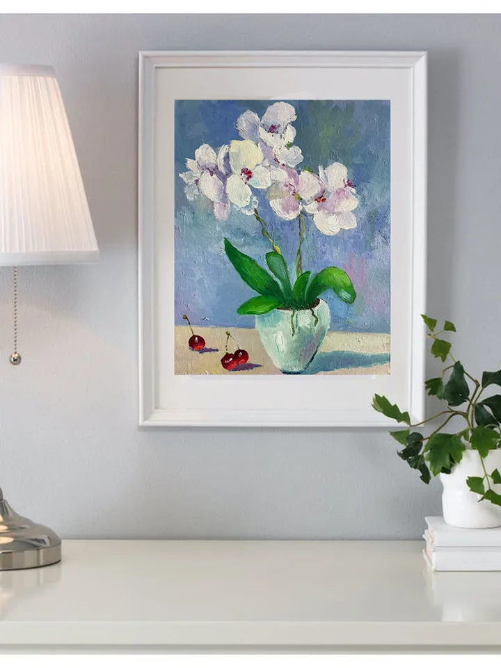 White Orchid Painting, Floral Wall Art, Original Flower Oil Painting