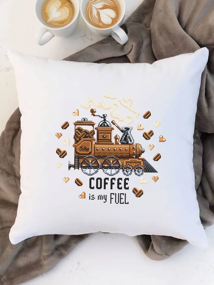 Funny Coffee quote cross stitch pattern PDF download Coffee is my fuel, Coffee Train cross stitch chart, Kitchen pattern digital PDF #Q58