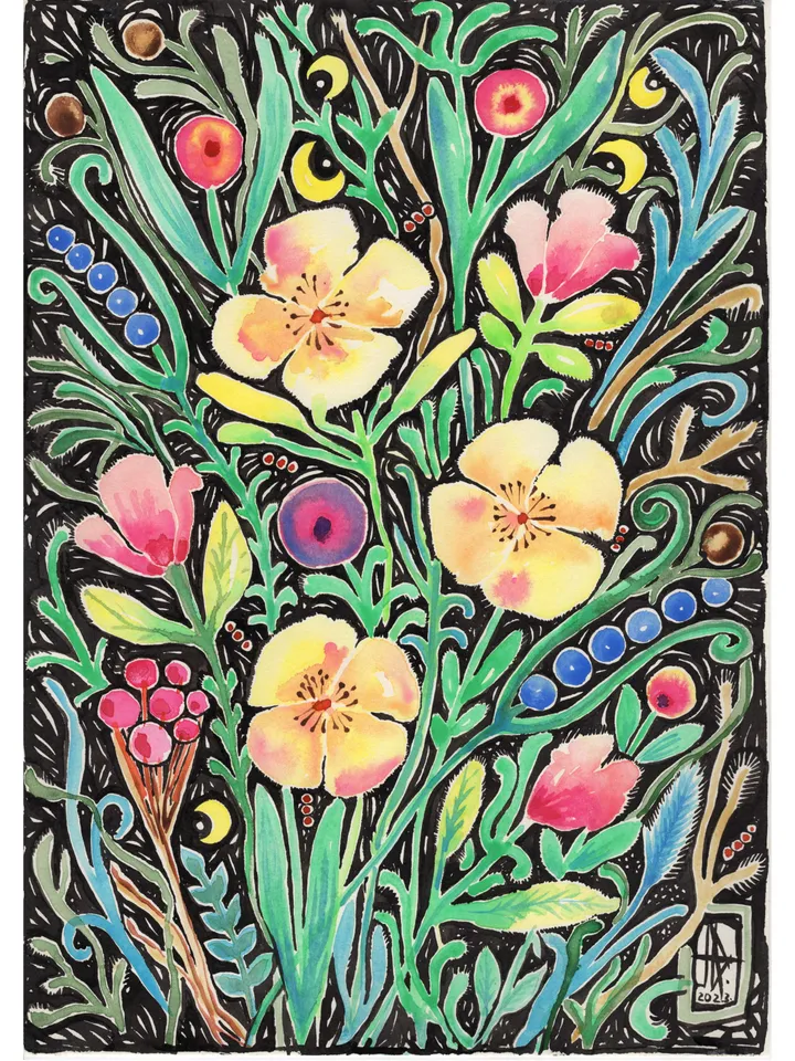 Original watercolor painting. Flowers . Abstraction.