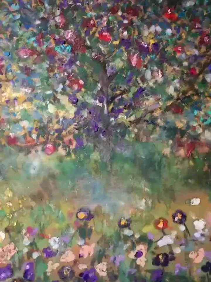 Apple tree Klimt ispired,original oil pastel and pan pastel painting on pastelmat,abstract landscape painting,apple tree wall art decor.