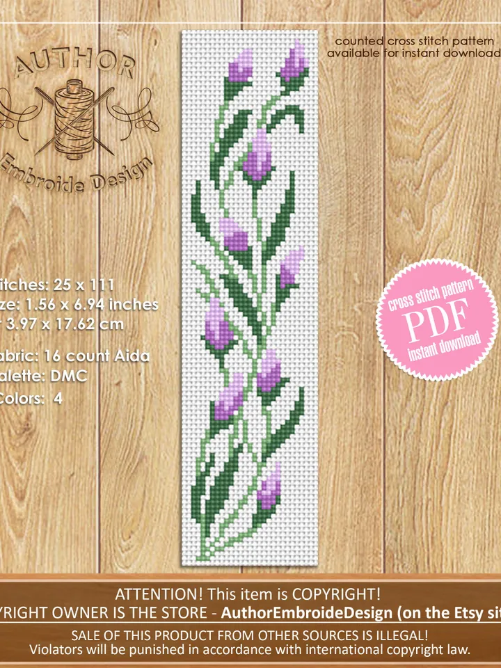 Flower bookmark set cross stitch pattern PDF download Floral bookmark for women, Bookmark pattern digital PDF Lavender, Sakura, Cotton #B265