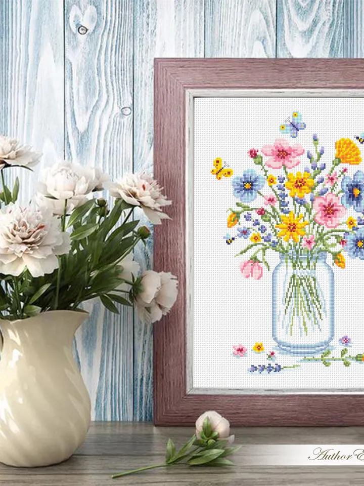 Wildflower bouquet cross stitch pattern PDF download Watercolor wildflowers cross stitch, Wild flowers in mason jar pattern digital PDF #P56