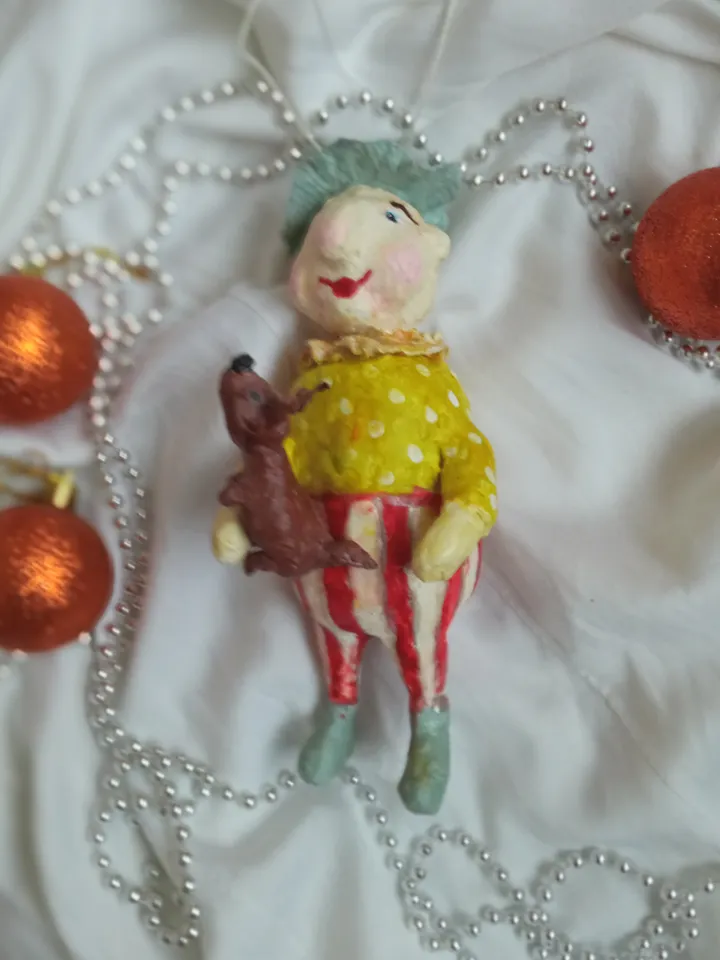 Pendant in vintage style Clown with a dog. Christmas tree decoration
Xmas tree toy. Christmas ideas. Holidays gifts Home decor indoor