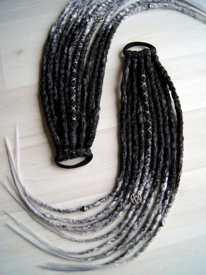 Dreads on hair tie Ponytail Black to Gray Synthetic Dreadlock Extensions Witch Goth hair Locks on elastic band