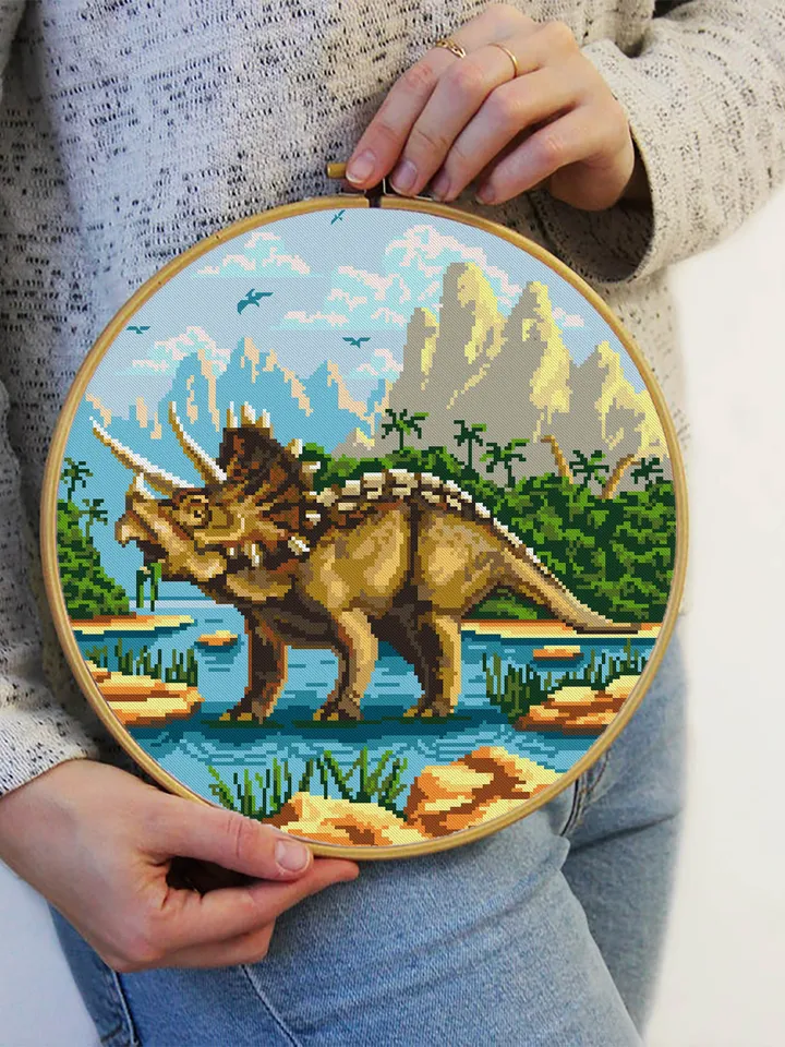 Dinosaur Triceratops cross stitch pattern download PDF Ancient animal cross stitch chart, Dinosaur world cross stitch Mountain landscape #D2