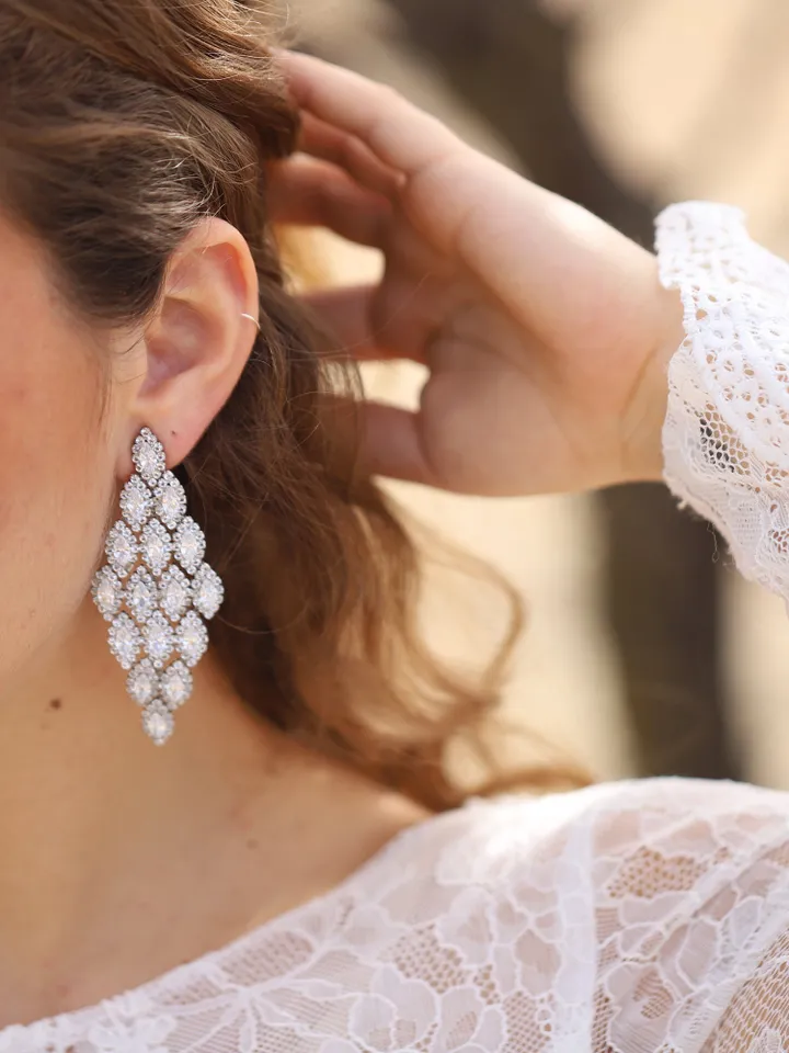 Long Swarovski Crystal Wedding Earrings, Cubic Zirconia Wedding Jewelry, Vintage CZ Wedding Earrings, Chandelier Statement Bridal Earrings