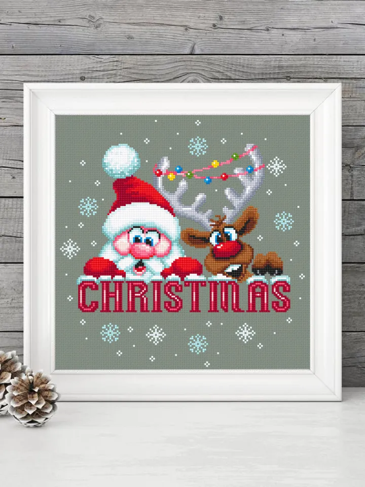 Christmas santa and reindeer cross stitch pattern download PDF Funny deer cross stitch chart, Christmas pattern digital PDF, Home decor #N64