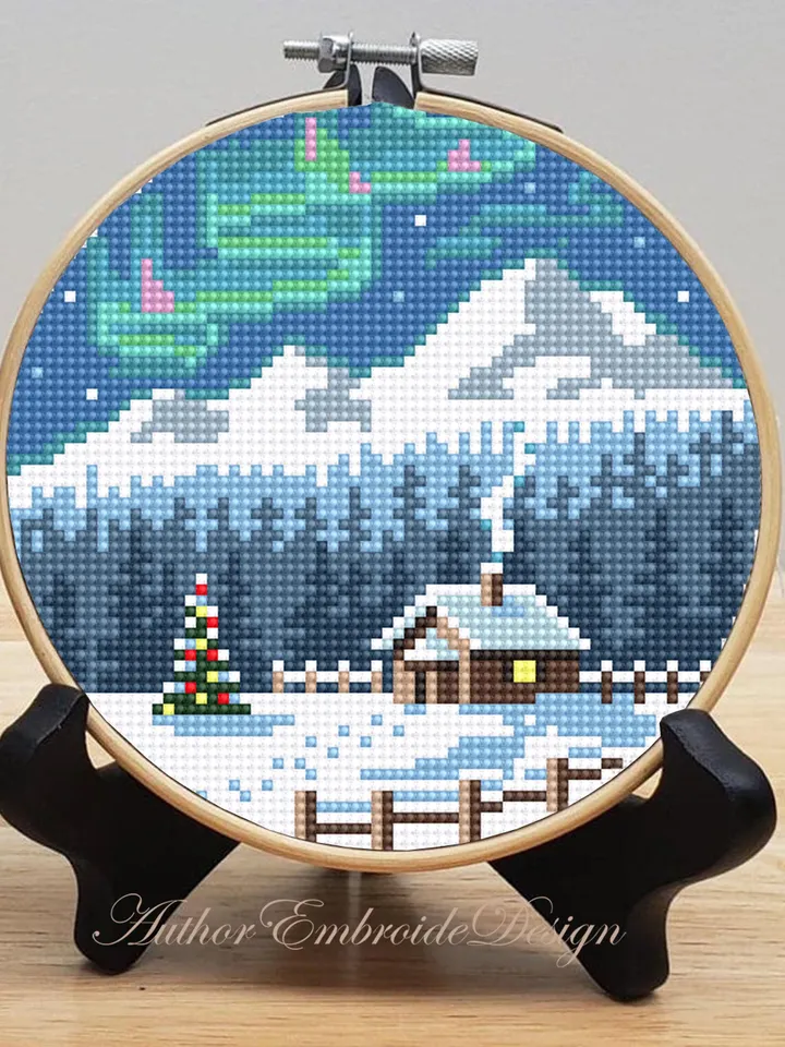 Northern lights cross stitch pattern PDF download Winter landscape cross stitch, Christmas pattern digital PDF, Winter house in forest #N165