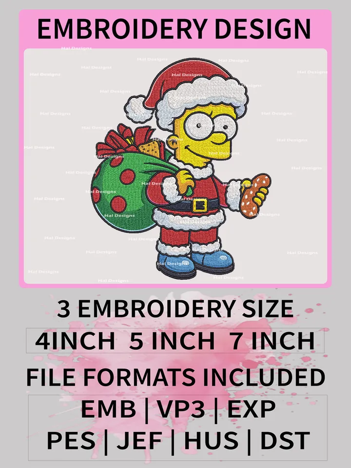 Bart Simpson disguised as Santa Claus Embroidery Design Machine File, Noel Embroidery Design, The Simpsons Design, Digital download