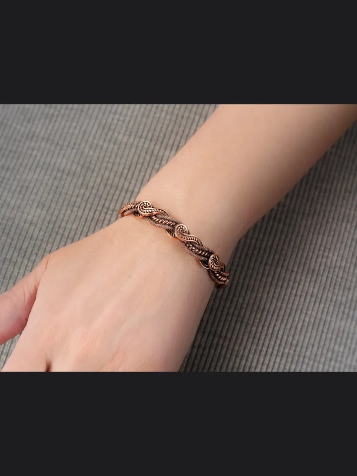 Wire wrapped bracelet, Unique 7th 22nd Anniversary gift idea, Art Nouveau antique style, One of kind braided statement bangle, Handmade oxidized pure copper jewelry, Pain relief, EMF protection