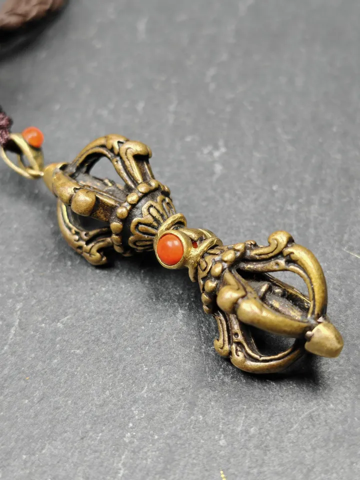 Tibetan Vajra Dorje Amulet - Antique Brass Buddha Protective Charm Inlaid with Agate | 2.0 Inches | Spiritual Gift from Tibet