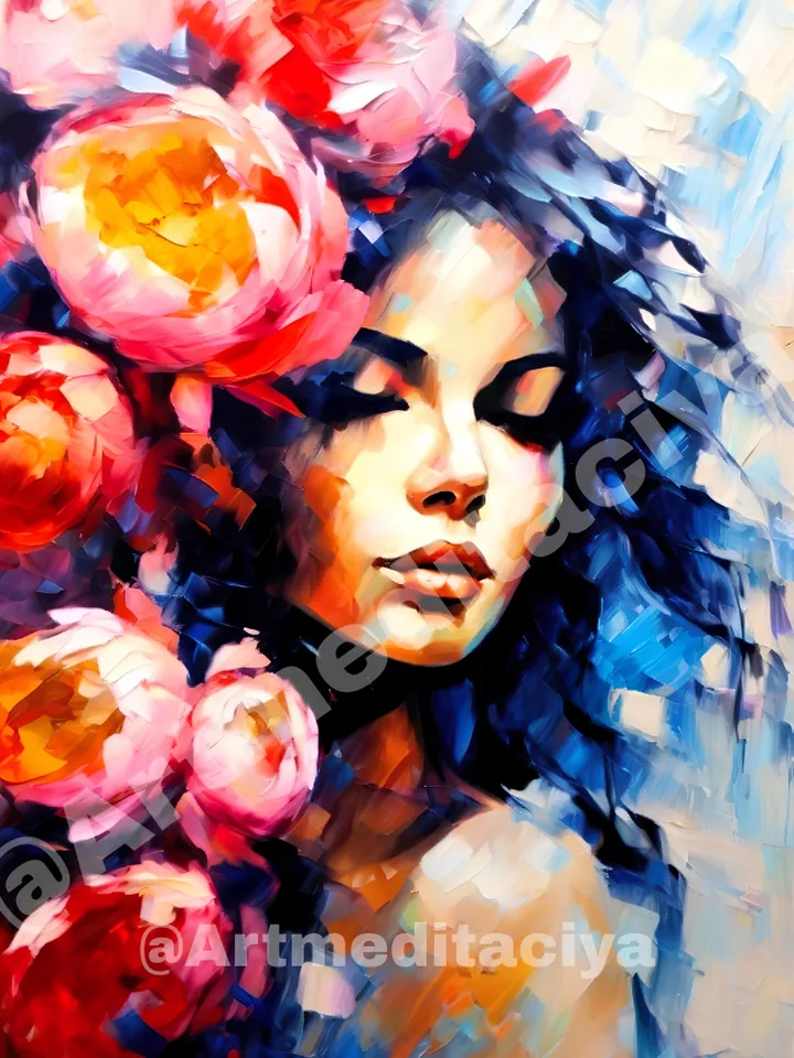 Digital abstract texture painting "Girl in pink peonies". This is a vivid image of a mysterious brunette with flowing hair on an abstract background in the style of oil painting with a palette knife