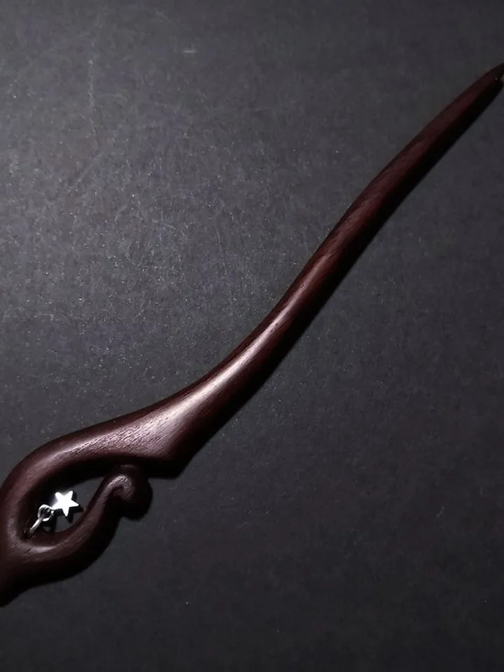Handmade wooden hairpin made of walnut wood with pendant.