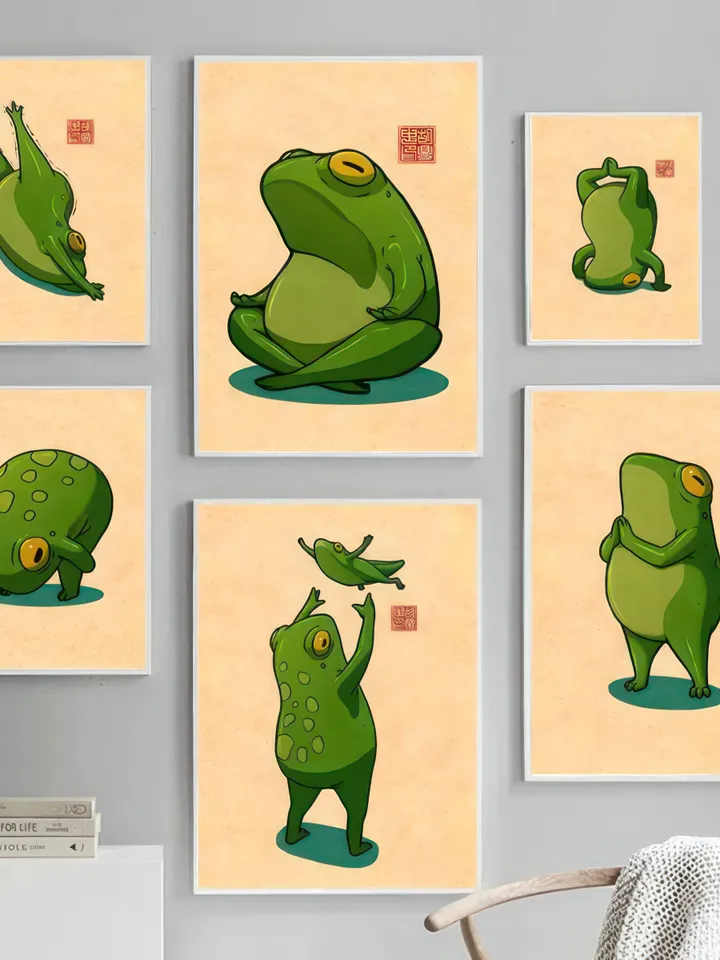 Japanese Matsumoto Hoji Frog Set of 9, Vintage Frog Woodblock Poster, Ukiyo-e Frog Print, Japanese Frog Printable Wall Art, Digital Download