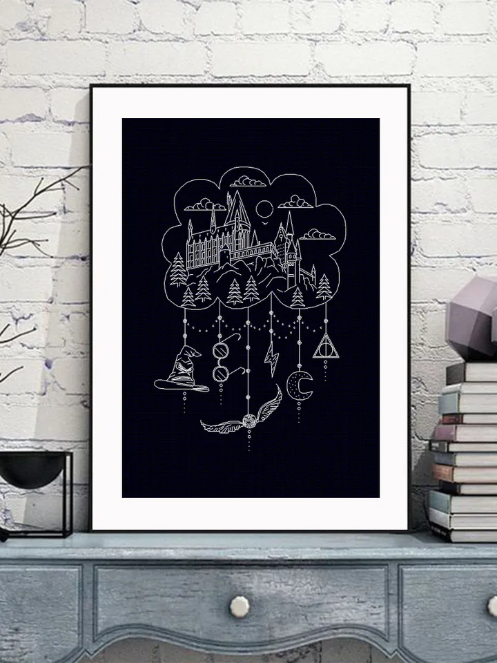 Magic castle blackwork patterns PDF Wizard school cross stitch chart, Dreamcatcher hand embroidery PDF download, Fandom cross stitch #W15
