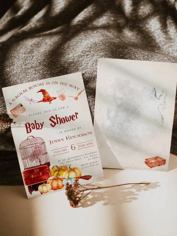 Wizard Baby Shower; Magic School Baby Shower; Pumpkin Harvest Invitation; Autumn Wizard World Baby Shower; Fall; Editable template canva;