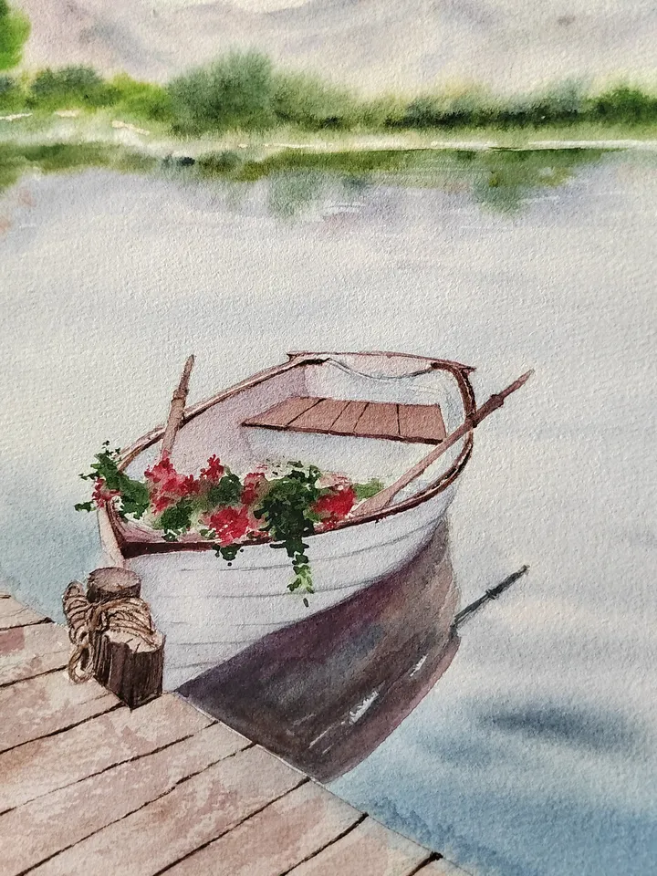 Original Watercolor Painting Water Landscape Art White Boat Artwork 30x40 cm by SoftWaves