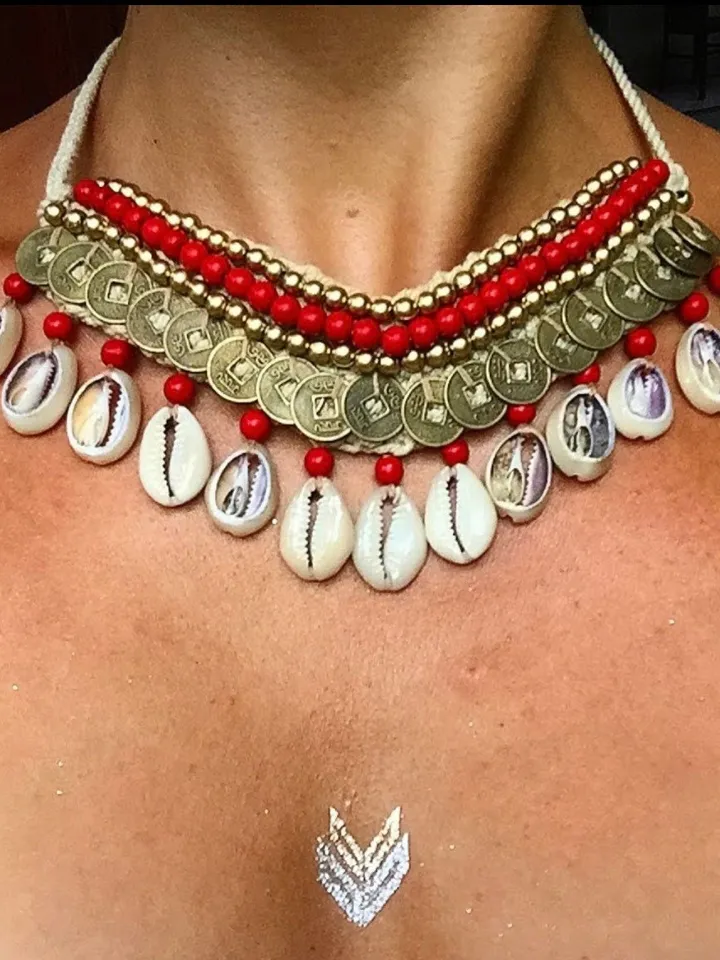 Set of two choker and bracelet | Boho Jewerly | Hippie Coachella Necklace Red | Woman Bali Tropical Shell Coins Necklace Handmade Gypsy