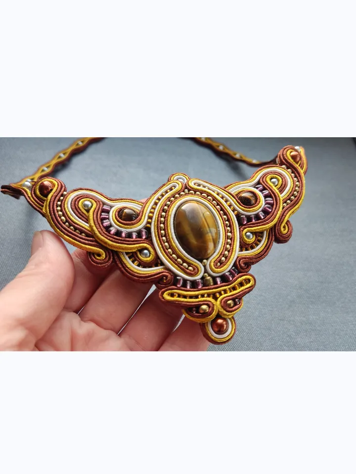 Tiger's eye necklace, Gold and brown statement necklace, Soutache necklace
