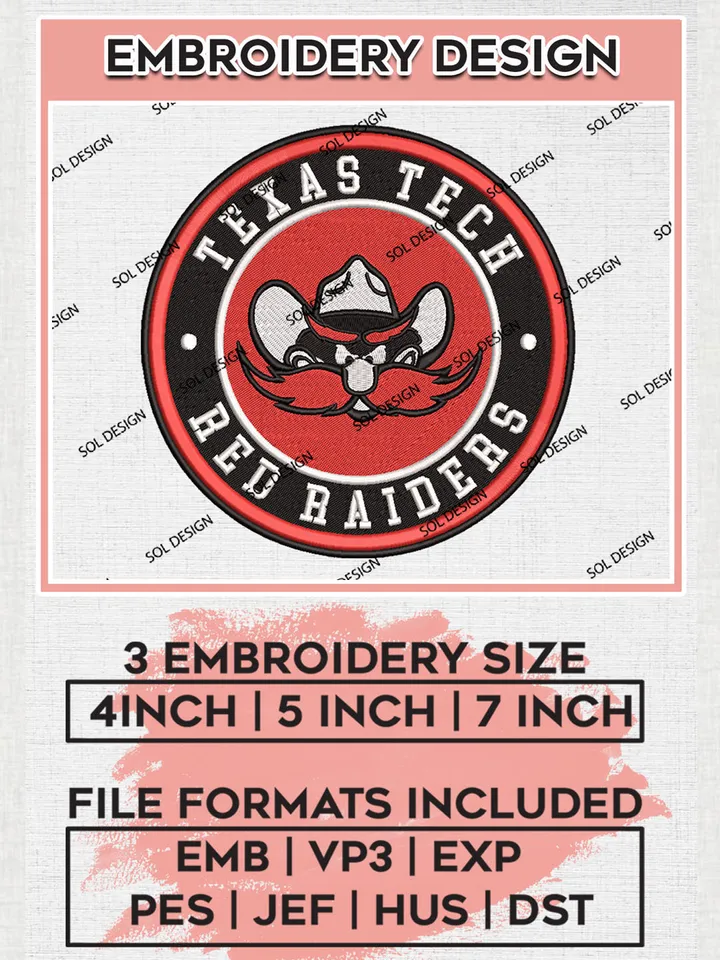 NCAA Texas Tech Red Raiders Round Logo Embroidery, NCAA Texas Tech Red Raiders Logo Embroidery files, NCAA Teams, Machine embroidery designs, Digital Download