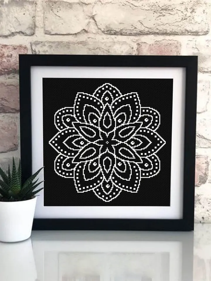 Simple mandala cross stitch pattern download PDF, Easy floral ornament beginners embroidery, Monochrome mandala ornament cross stitch #M94