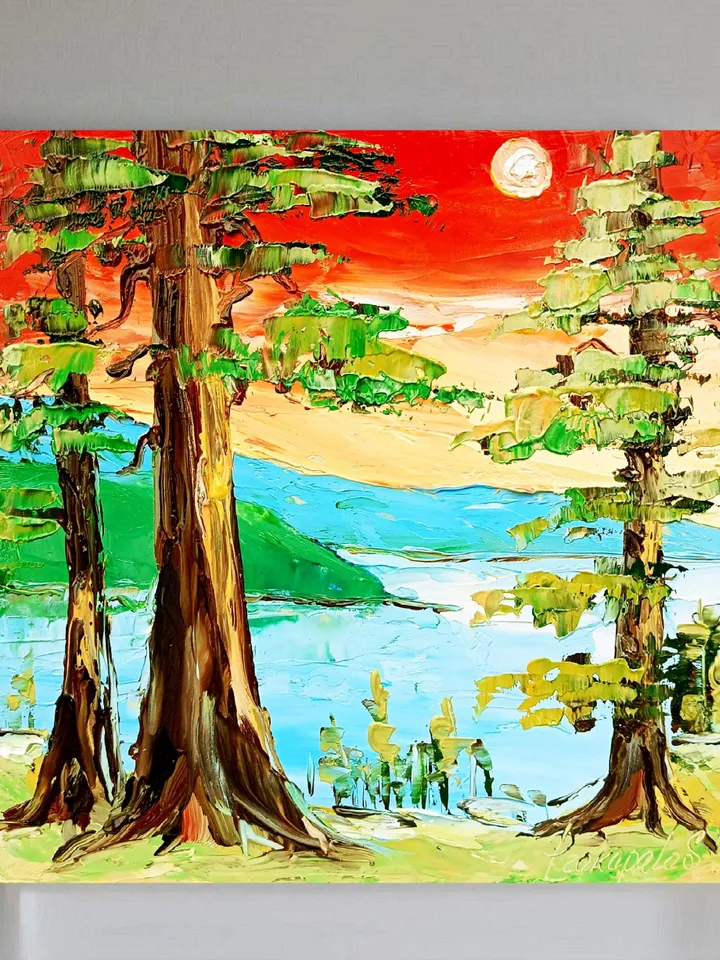 Lake Tahoe Painting Sequoia Original Art National Park Impasto Oil Painting Small Impressionist Art Travel Gifts by ArtProkopaloSv