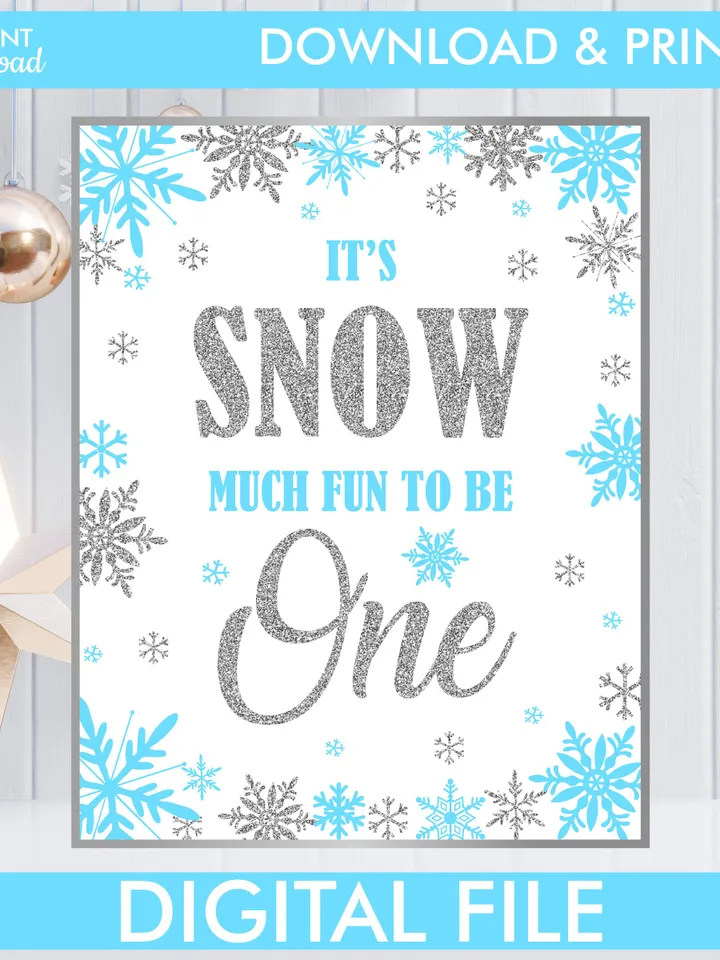 Winter Onederland Signs, Winter Onederland Birthday Boy Decorations, Blue Silver Snowflakes First Birthday Decorations Instant Download