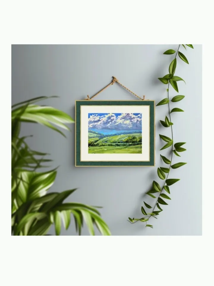 Original Oil Painting Summer Landscape with Green Field and Clouds Peaceful Summer Sky over a Green Field Small Oil Artwork