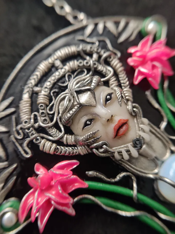Japanese pendant,necklace with lotus,jewelry necklace, Polymer clay necklace