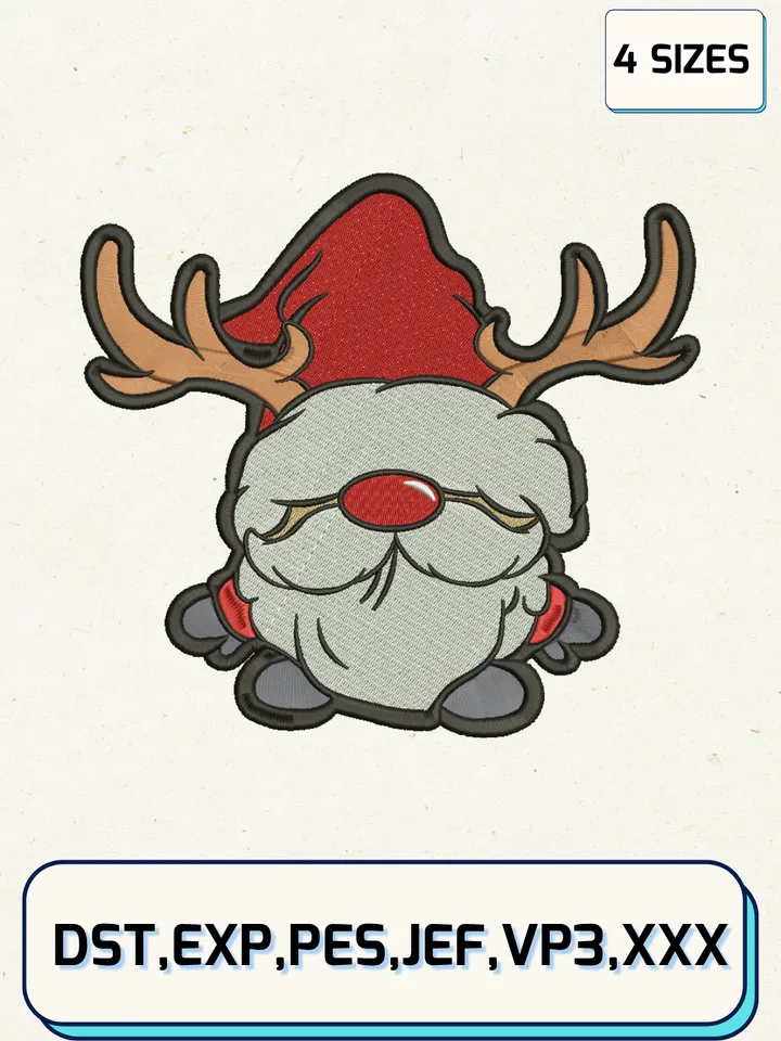 Christmas Gnome With Reindeer Horns Embroidery Designs,Christmas Embroidery Designs,Machine Embroidery Files,4 Sizes