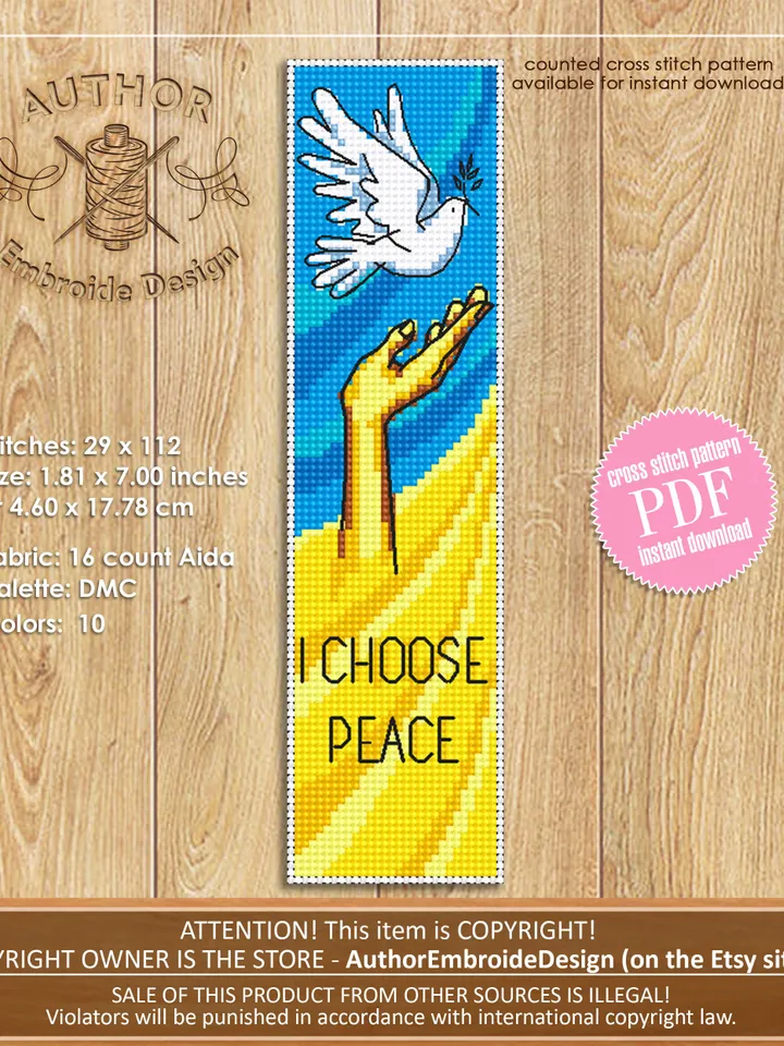 Bookmark Ukraine cross stitch pattern PDF Handmade bookmark I Choose Peace cross stitch quote Peace sign Modern xstitch chart #B33