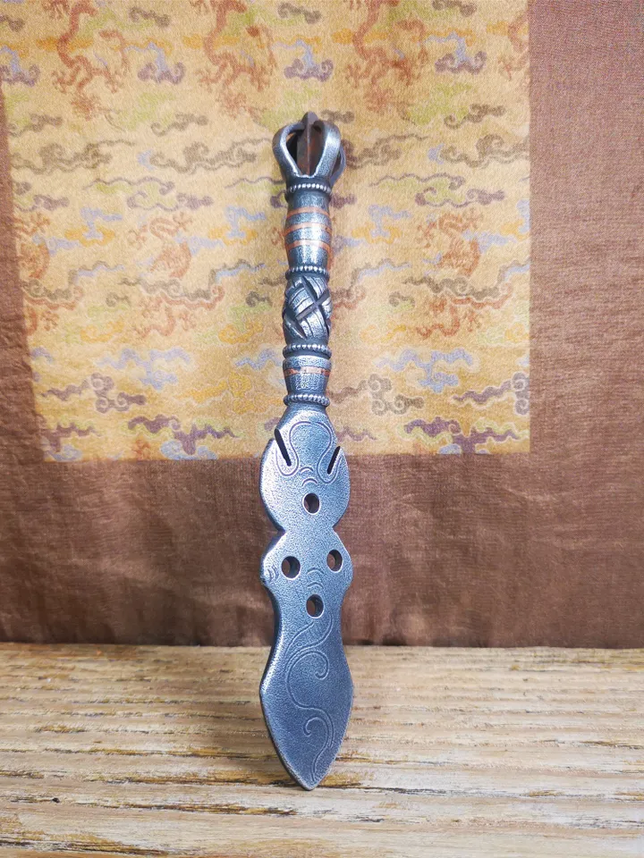 Gandhanra Handmade Tibetan Buddhist Ritual Implement - Kila -Dorje Phurba,Made of Cold Iron inlaid Copper,7.8"