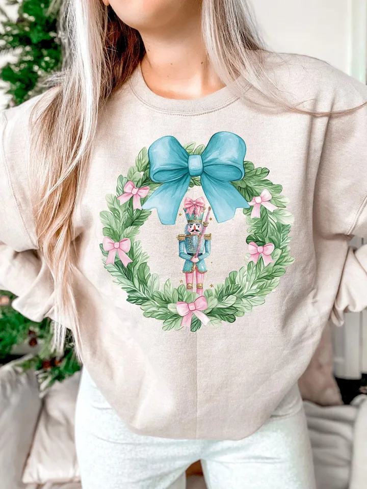 Christmas Toile PNG Nutcracker Wreath Christmas PNG Preppy Nutcracker Blue Toile Coquette Bow PNG Christmas Blue Digital Design Pink Bow png